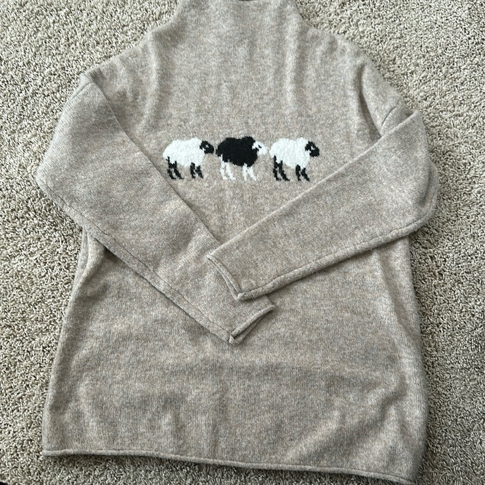 cupcakes and cashmere tan sweater with sheep. Size XL. Good condition.